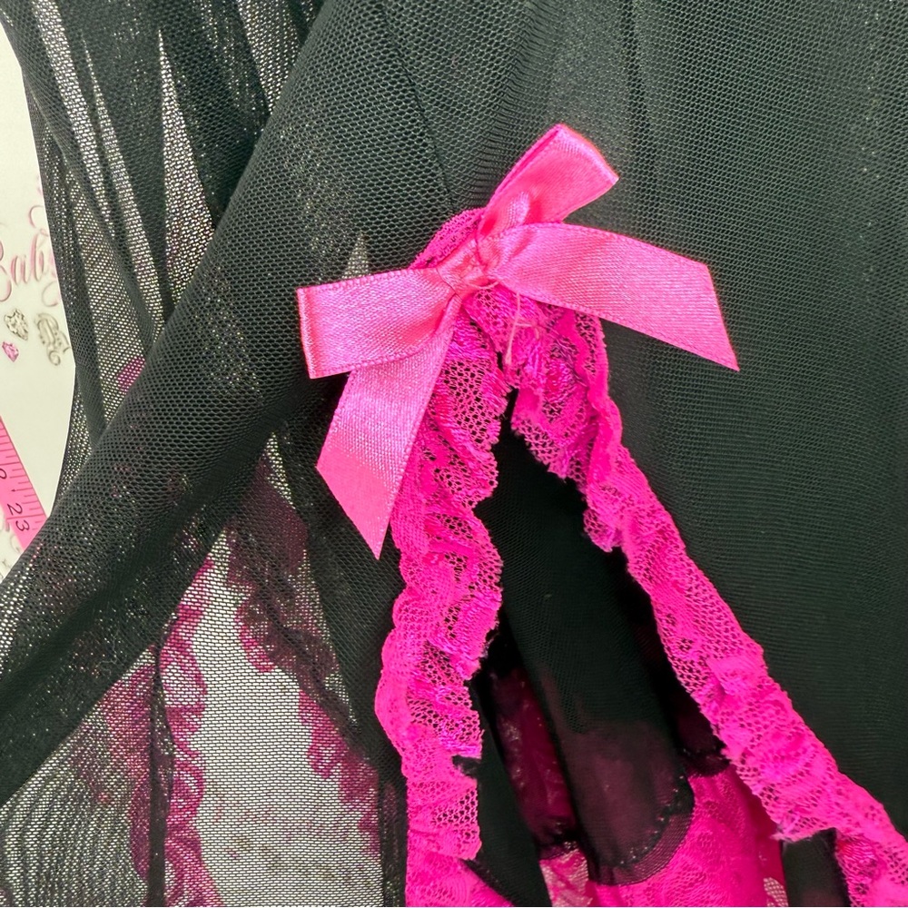 B delicious mini dress Sheer Black Chemise with Pink Lace Trim Elegant Nightwear - Picture 8 of 15